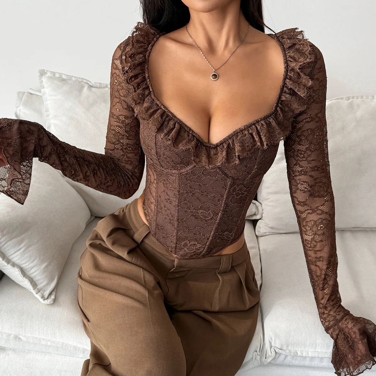 Women's Lace Corset Bodysuit V-Neck Ruffled Trim Long Flare Sleeves Sheer Floral Bodycon Fit Tops Gothic Sexy & Party Outfit
