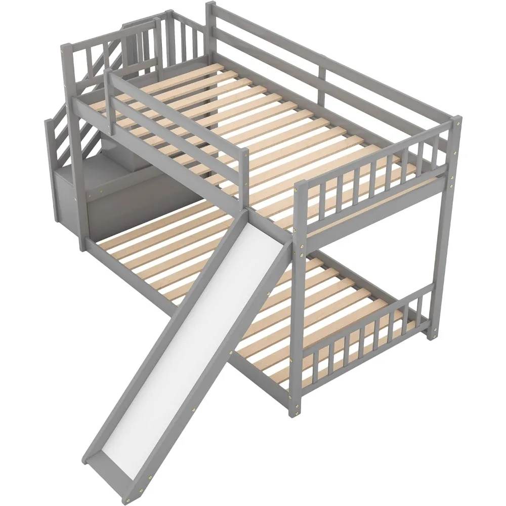 Twin Over Twin Bunk Bed With Convertible Slide and Stairs Headboards Wooden Low Bunk Bedframe for Kids Teens Bedroom Gray Frame