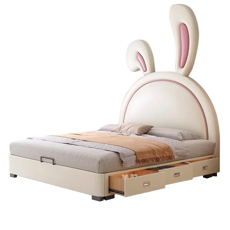 

Children's bed, rabbit princess, leather bed, boys and girls, storage, high box, modern, minimalist