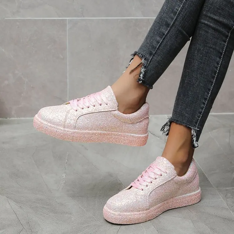 2022 Women Lace Up Sneakers Glitter Autumn Flat Vulcanized Ladies Bling Casual Female Fashion Platform Fashion Flat Shoes