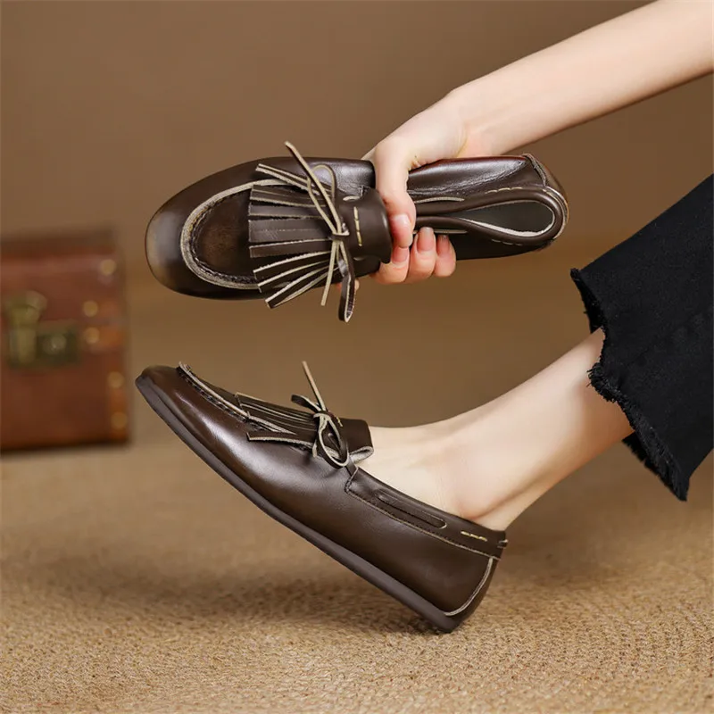 

New Spring/Summer Split Leather Women Pumps Shoes for Women Fashion Tassels Round Toe Loafers Shoes Women Low Heels Flat Shoes