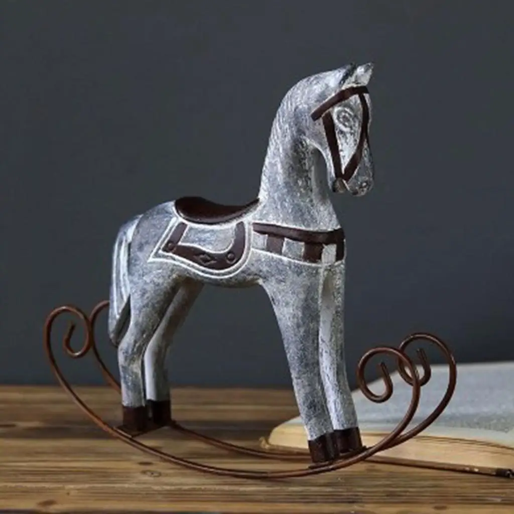 Nordic Wooden Rocking Horse Statue Wedding Decor Wood Horse Crafts Living Room Ornament Kids Toys