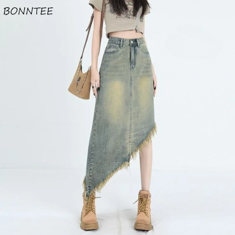 

Denim Skirts Women Literary Vintage A-line Tassel Design Irregular All-match Trendy Chic Summer Sweet Spicy Girls High Waist Y2k