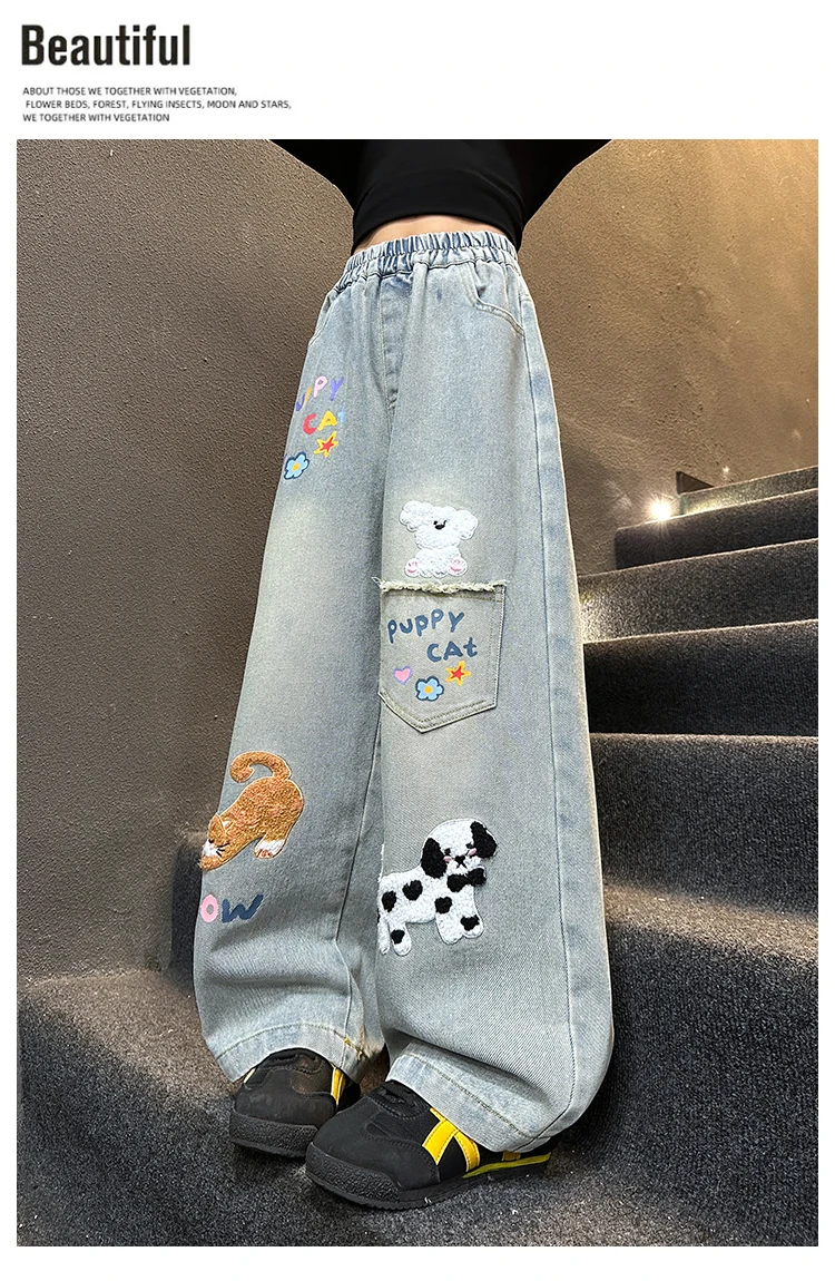 Herbstliche Jeans mit Hundestickerei für Teenager-Mädchen, Junior-Kinder-Denim-Hosen mit weitem Bein, Schul- und Streetwear-Jeans für Kinder im Alter von 5-14 Jahren – Detail 12