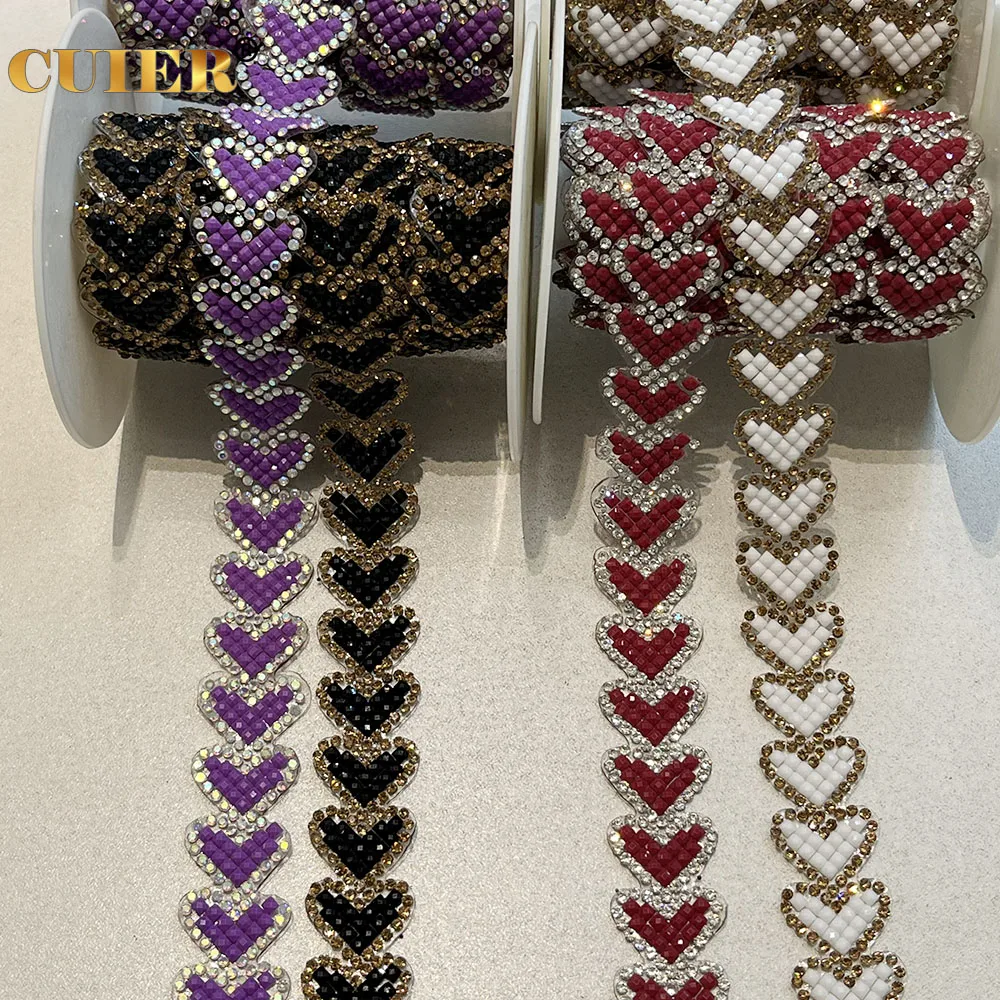

1yard Iron on Cute heart rhinestone trim hot fix appliques for DIY women dress belt sash accessories fringe trimming