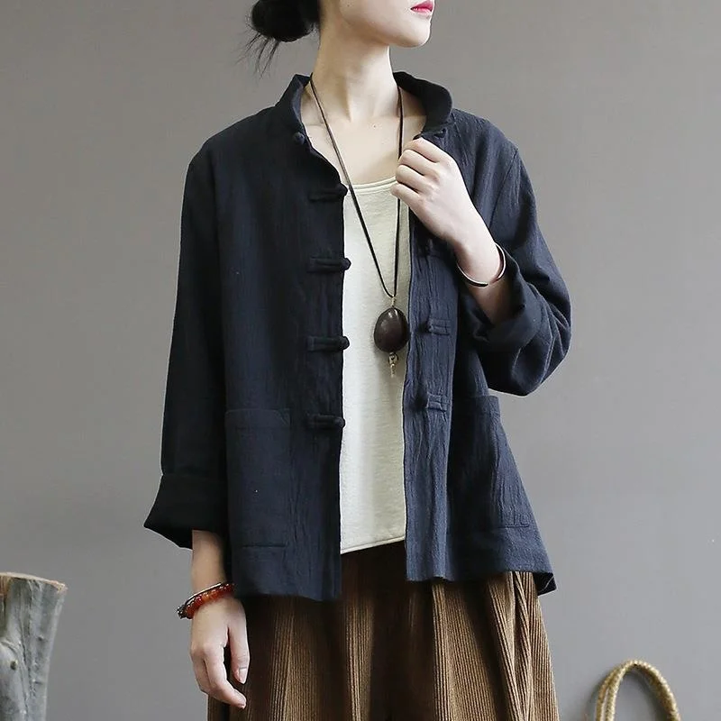 

Long Sve Stand Collar Pan Button Cardigan Jaet Women's Spring Faion Pure Color Cotton 00% Windbreaker Coat
