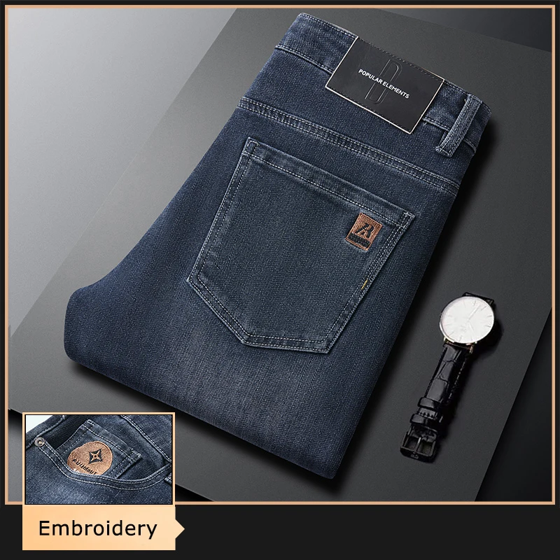 

New Embroidered Jeans Men's Fashion Slim Fit Stretch Trousers Male Clothing Brand Comfortable Straight Denim Pants