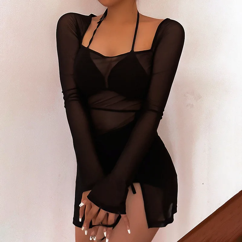 Robe mini unie à col carré pour femmes, vêtements Y2k, gaze, robe de nuit sexy, tenues de club chaudes, vestidos de mujer transparents, manches longues