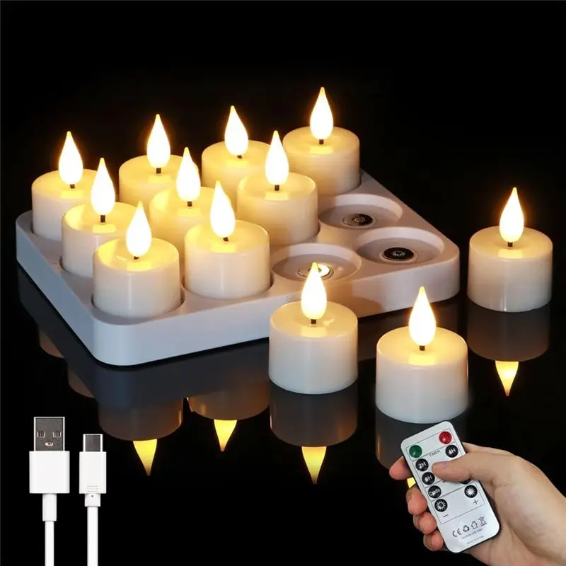 A25F-Flameless Tea Light Rechargeable With Charging Base& Remote Timer, For Home Christmas Wedding Decor 12-Pack