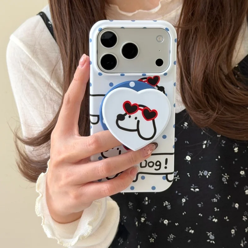 

Funny Cute Blue Polka Dot Puppy Magnetic Phone Case For iPhone 16 Pro 17 15 Pro Max Cover with Stand Hard Cases For Magsafe Fund