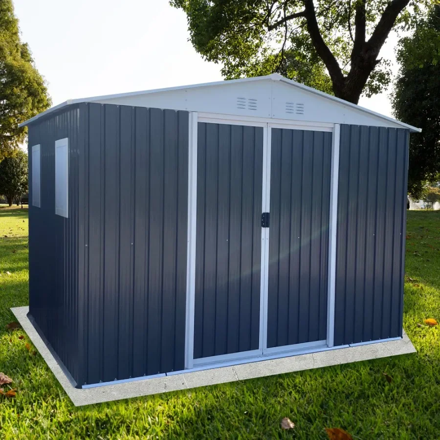 

Metal Anti-Corrosion Utility Tool House with Lockable Door Garden Shed 10FTx8FT Apex Roof Grey With Windows and Aluminum alloy