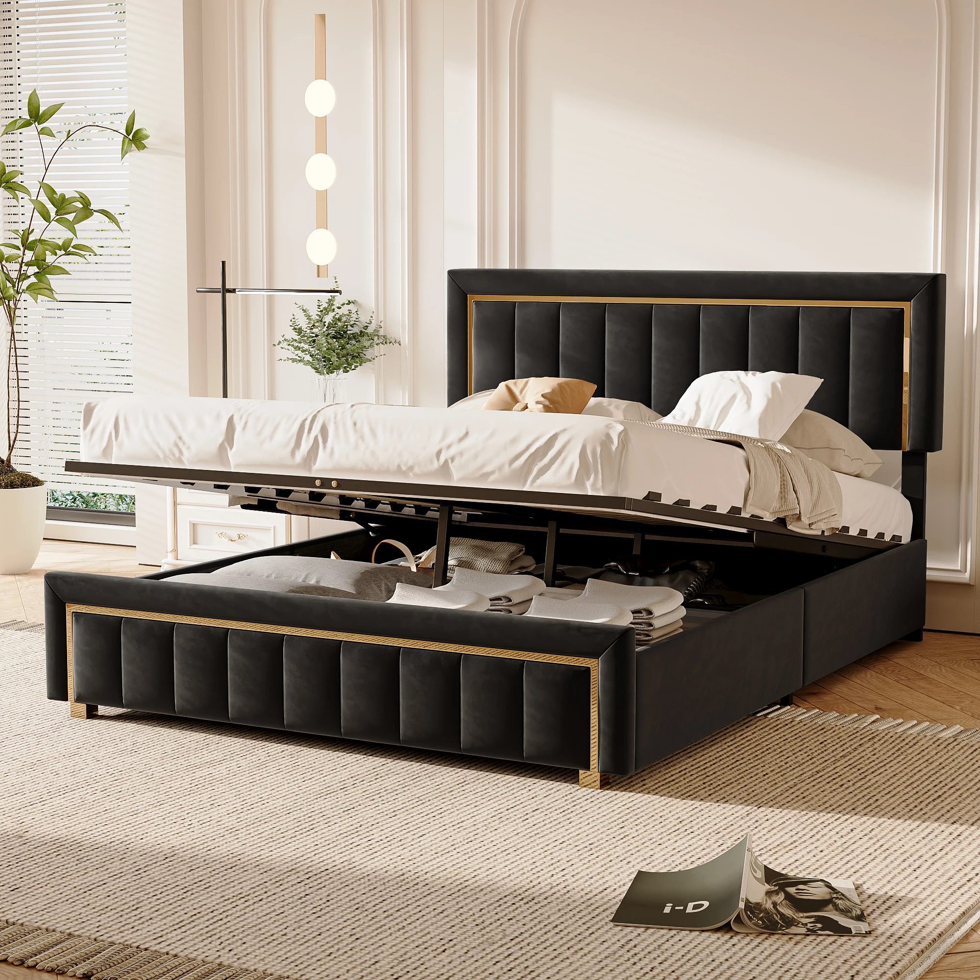 Rosahqnda Letto matrimoniale imbottito, testiera con pannello in flanella, letto contenitore 140/160x200 cm con finiture dorate, struttura scamosciata, senza materasso