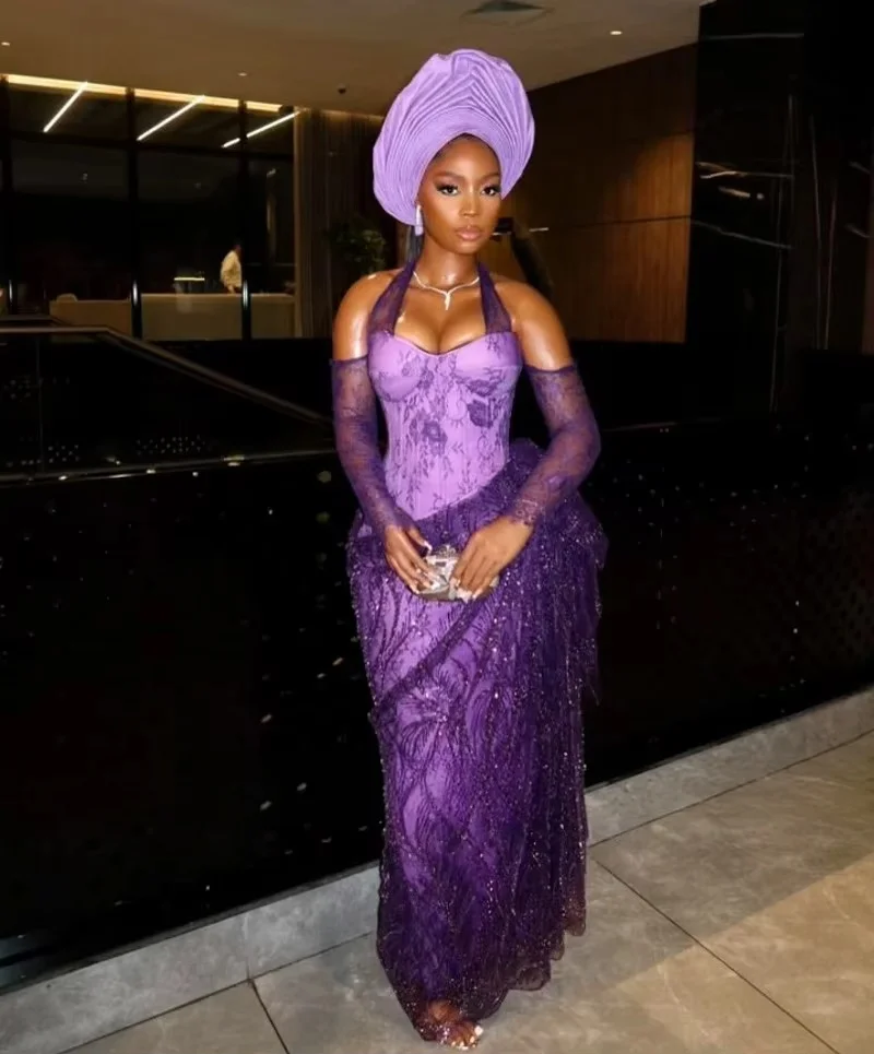 Purple Aso Ebi South African Evening Dresses Halter Lace Beaded Long Dubai Saudi Arabic Black Girls Gown Prom Customized