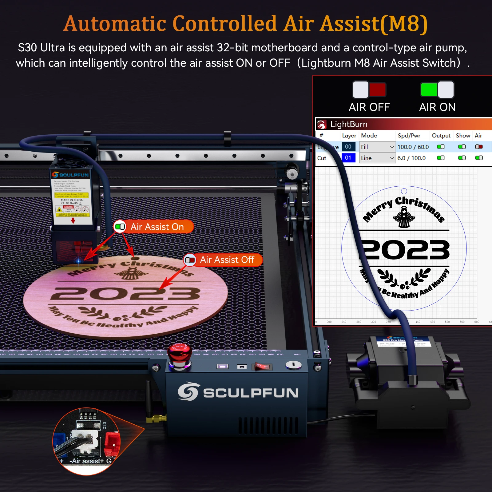 SCULPFUN S30 Ultra-33W/22W/11W Laser Engraving Machine 600x600mm Area Automatic Air Assist Replaceable Lens Eye Protection