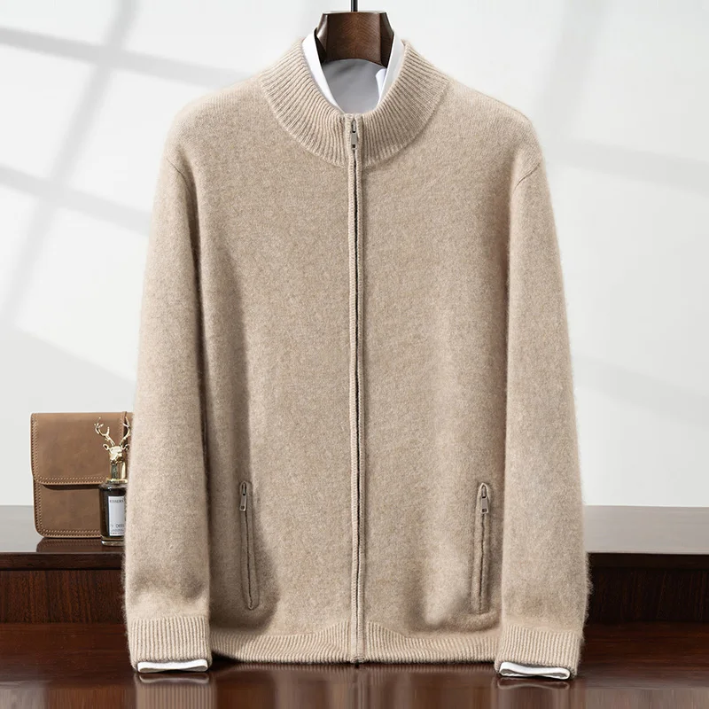 Seven Needle Cashmere Cardigan Autumn Winter Thick Knitted Zipper Casual Business Solid Color Jacket 100% Pure Cashmere Sweater.