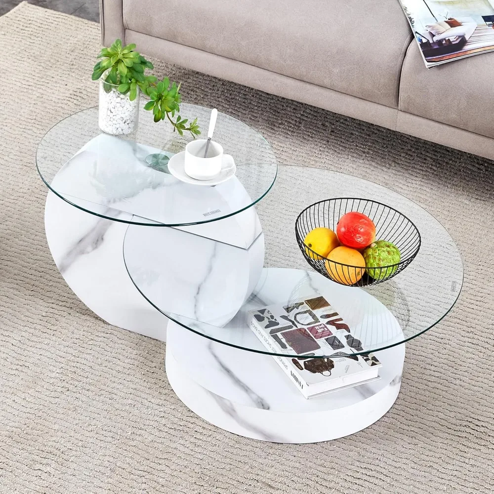 Glass Coffee Table, 27.5 “W, 2 Glass Top Tables, Double Round Table, 2 Open Shelves, Home Decor, Center Table