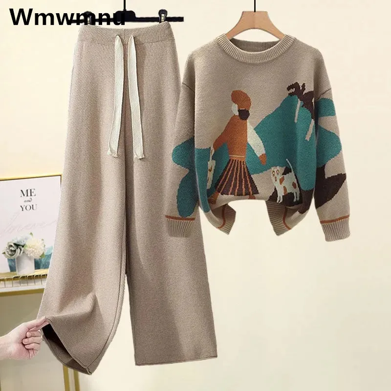 Knitted Embroidery Oversize 4xl Suit Fall Winter Womens Sweater Pullovers Tops+Knit Wide Leg Pants Outfit Knitwears 2 Piece Sets