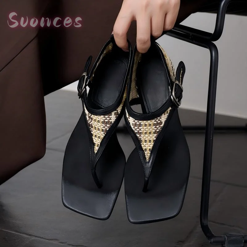 Female Minimal Wide Square Open Toe Thong Sandals Lightweight Hollow Raffia Woven T Strap Metal Buckle Ankle Comfortable Sandals
