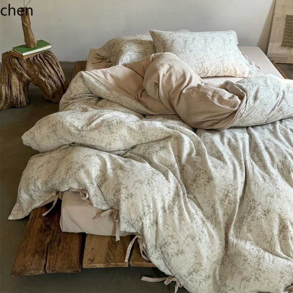 YFY Soft Vintage Country Style Crinkled Double-Layer Gauze Lace-Up All-Cotton Set Breathable Simple Bedding Duvet Cover