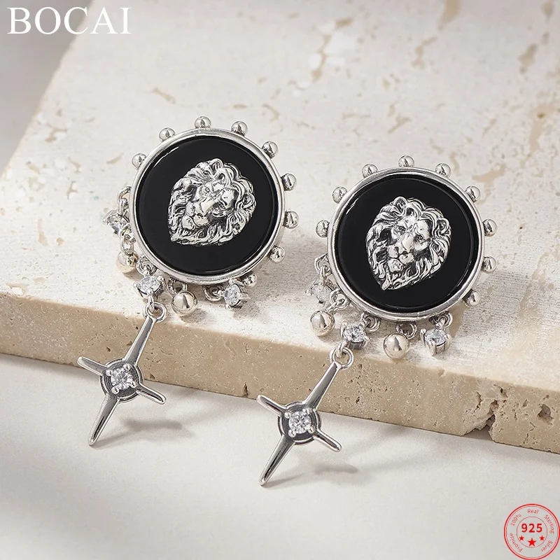 BOCAI S925 Sterling Silver Studs Earrings for Women New Fashion Emboss Lion Agate Tassel Cross Ear Studs Jewelry Free Shipping