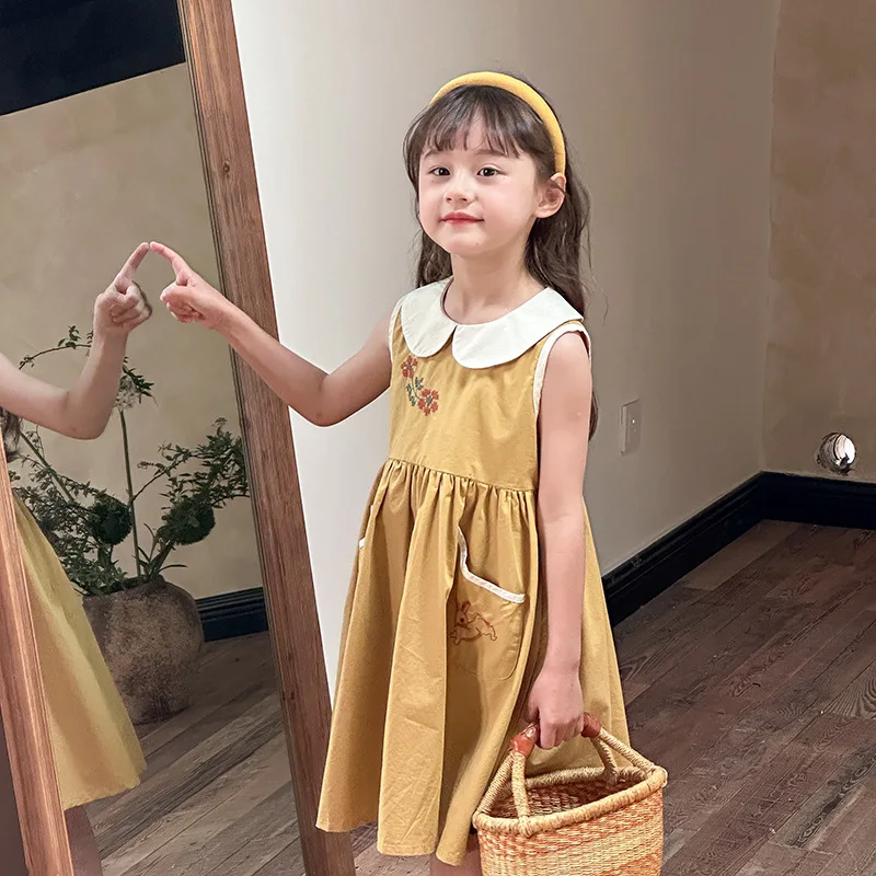 

Girls Skirt Children Korean Version Color Skirt 2024 Summer Girl Baby Doll Lapel Princess Dress Korean Sweet Style Clothes