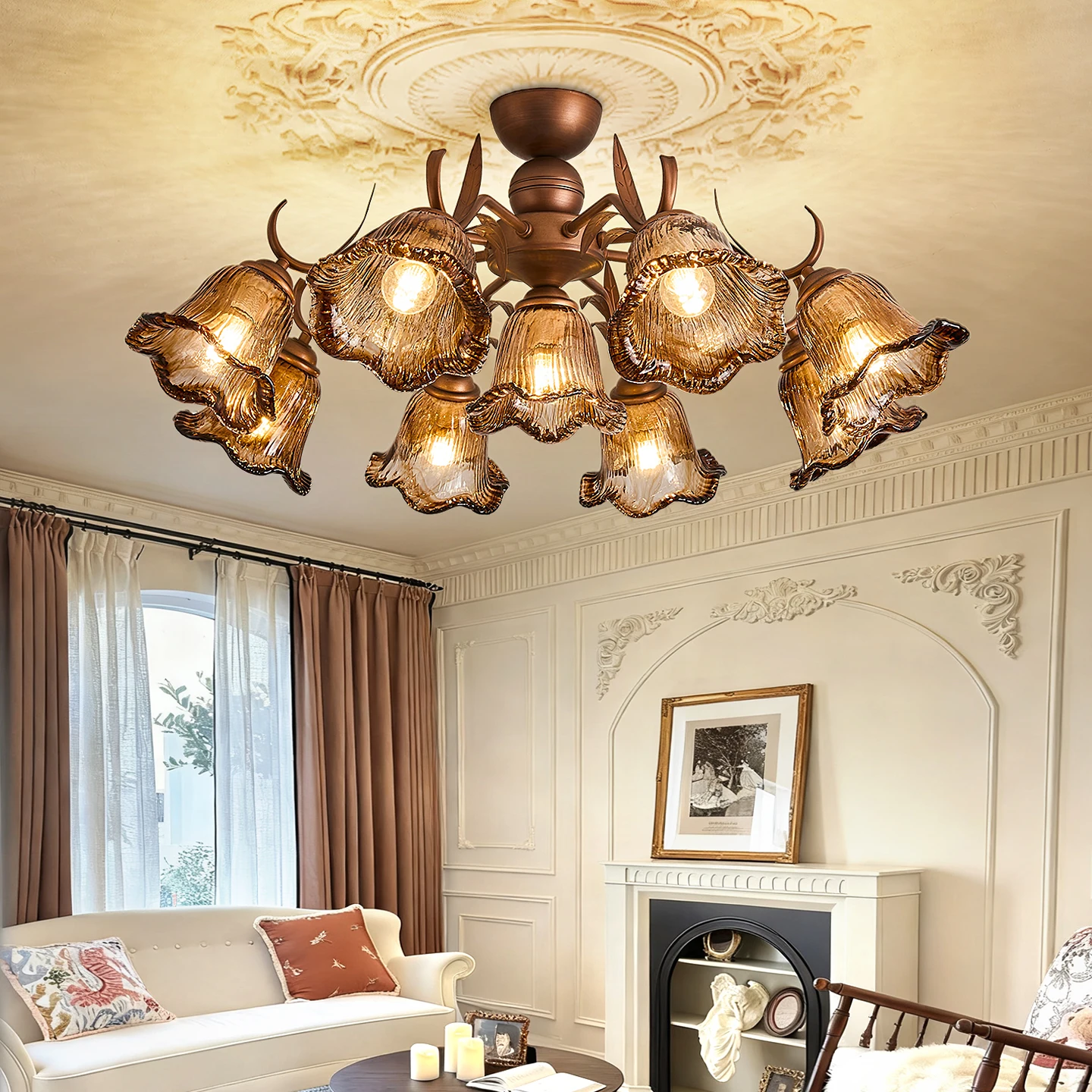 French Vintage Coffee Colour Living Room Ceiling Lamp Creative Bedroom Dining Room Lamp Dark Flower Glass Shade Designer Style