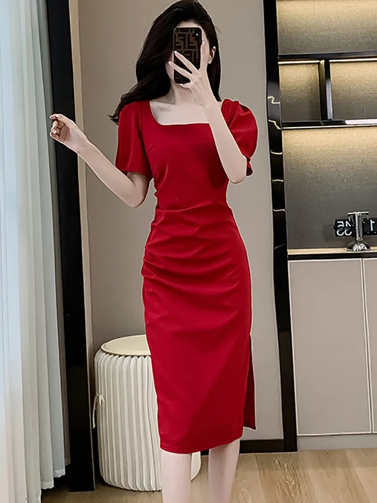 2025 여름 우아한 바디콘 베스티도 한국 빈티지 이브닝 드레스 레드 반팔 스퀘어 넥 럭셔리 웨딩 드레스 여성용