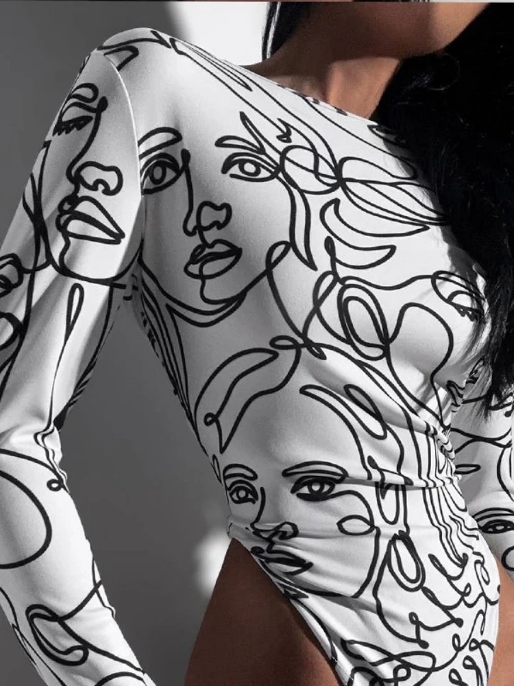 Fashion Printing Bodysuit Long Sleeve Body Feminino O-neck Lingerie Sexy Tops Women Streetwear Bodycon Bustier Lenceria Femenina