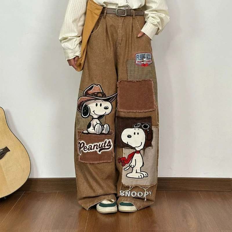 

Snoopy cartoon cute American retro applique embroidery jeans creative loose wide-leg pants for men and women couples gift
