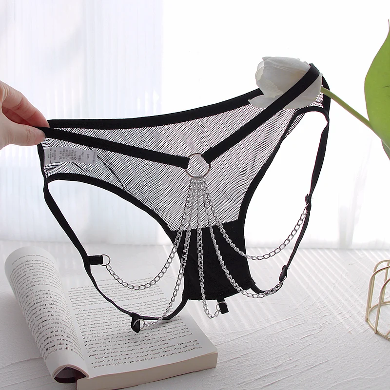 Hot Sexy Women Panties Lace Metal Chain G String Girls Briefs Mesh Hollow Out Thong Erotic Underwear Low Waist Female Intimates