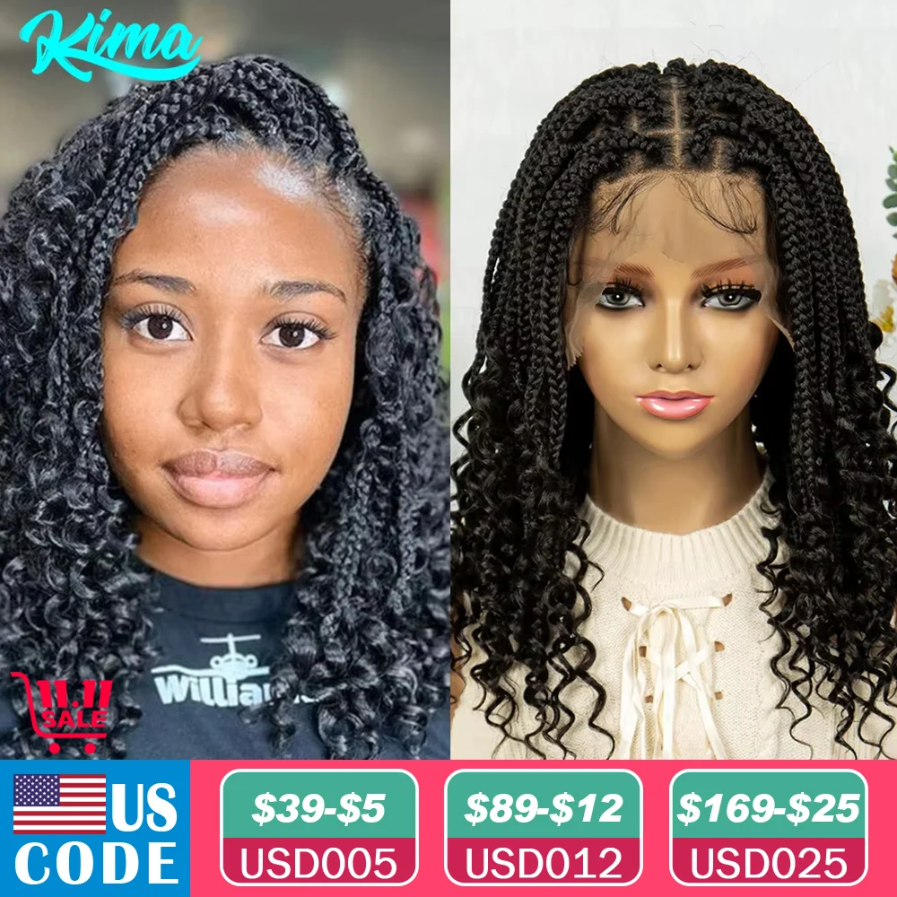 Kima Short Synthetic Box Braided Wigs Full Lace Wig Top Cornrow Braided with Curly End for Black Women