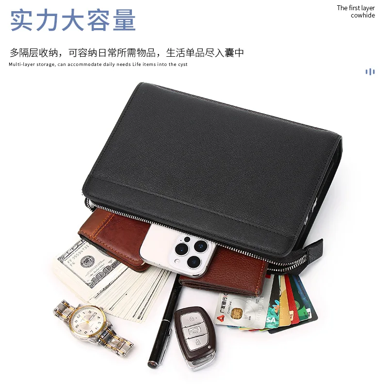 Men's large-capacity multi-compartment business wallet, password lock, anti-theft business clutch, high-end genuine leather