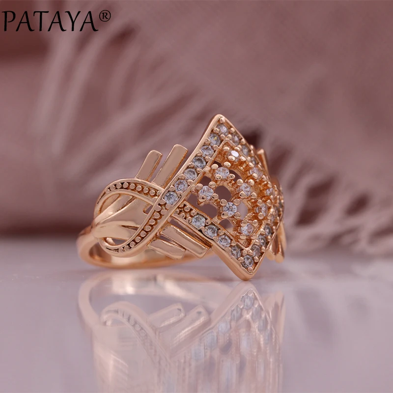 PATAYA Micro Inlaid Zircon 585 Rose Gold Color Romantic Ring Earrings Jewelry set for Women Anniversary Gift Fine Jewelry