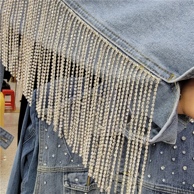 Women Spring Diamonds Beads Tassels Denim Coat Rhinestones Fringed Loose Jeans Jacket Crystal Cowboy Bomber Cardigan 2024