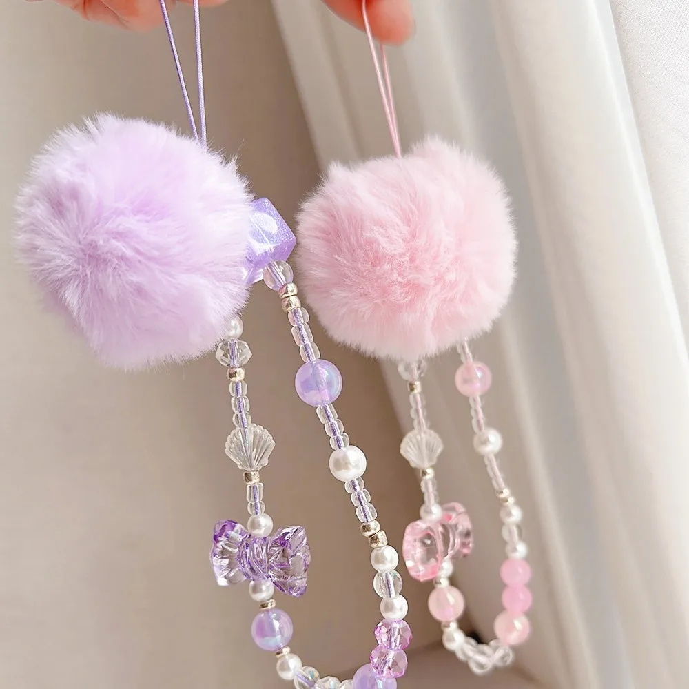 

Hair Ball Beaded Phone Straps Bead Chain Sweet Girl Mobile Phone Chain Hanging Cord Charms Cellphone Pendant Girls Women
