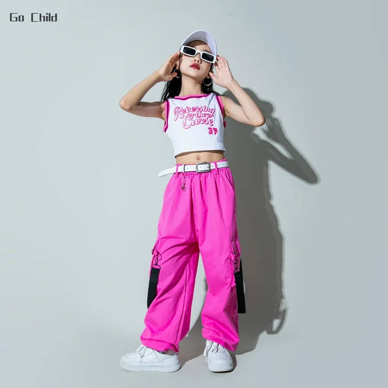 Girls Sweet Crop Tank Top Hip Hop Cargo Pants Clothes Set Kids T-shirt Street Dance Joggers Child Streetwear Teen Lovely Costume