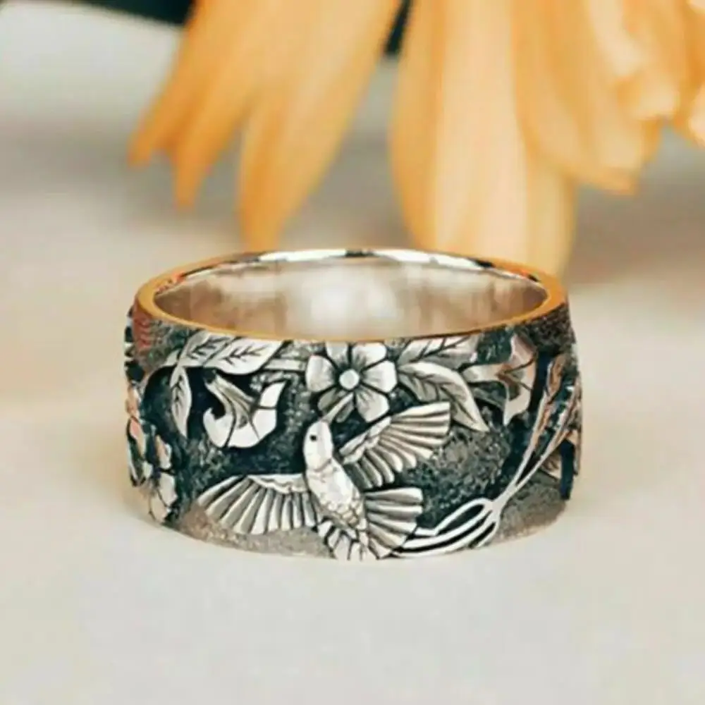 New Minimalist Niche Hummingbird Bird Flower Ring Vintage Aesthetic Women\'s Jewelry Rings Luxury Jewelry Party TrendJewelryRings