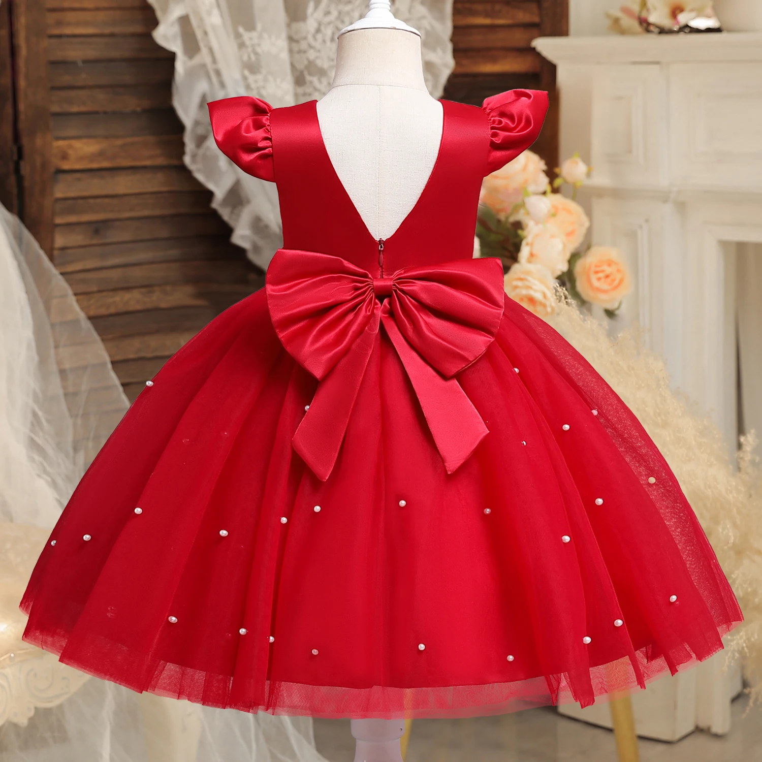 Elegant Princess Dress for Baby Girls 1st Birthday Weddings Tutu Gown Backless Bow Beading Tulle Pink Dress Toddler Kids Clothes