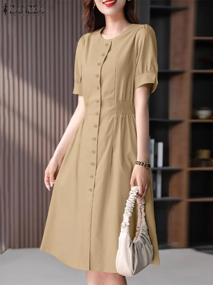 

ZANZEA Summer Elegant Short Sleeve Midi Dress Women Sundress Casual Buttons Down Robe Elegant Solid OL Work Vestidos Oversize