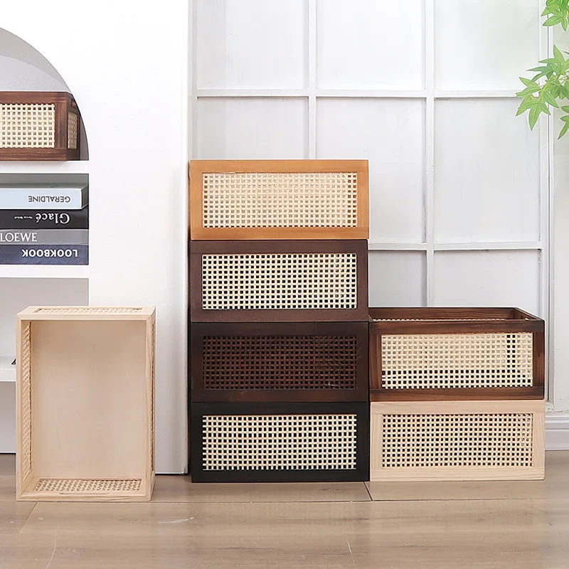 

Retro rattan storage basket desktop solid wood collection box household bedroom snack box toys