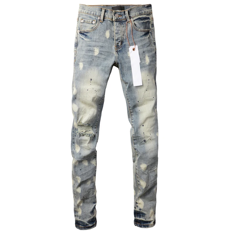 New Purples Jeans High Street Trend Stretch Slim-fit Knee Ripped Long-pants Men Fashion All-match Denim Trousers