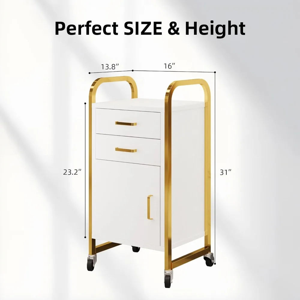 عربة دوارة لصالونات التجميل باللونين الأبيض والذهبي مع عجلات، عربة تجميل متنقلة مع درجين، محطة صالون مع خزانة تخزين للشعر