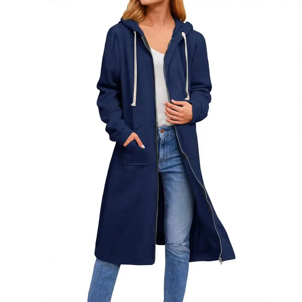 

Jacket Loose Long Sleeves Zipper Cardigan Casual Long Length Women Winter Coat Hooded Jacket Winter Pockets Outwear Tops