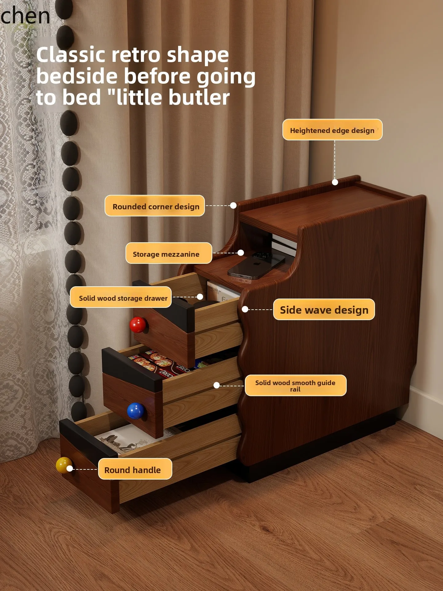 

YXY Solid Wood Bedside Table Bedroom Narrow Side Cabinet Creative Three-Layer Vintage Bedside Table