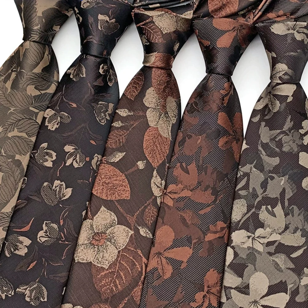 2pcs Set Polyester Flower Neckties Men Brown Hankerchief Elegant Neck Tie Set Tuxedo Suit Accessories Shirt Pocket Square Cravat