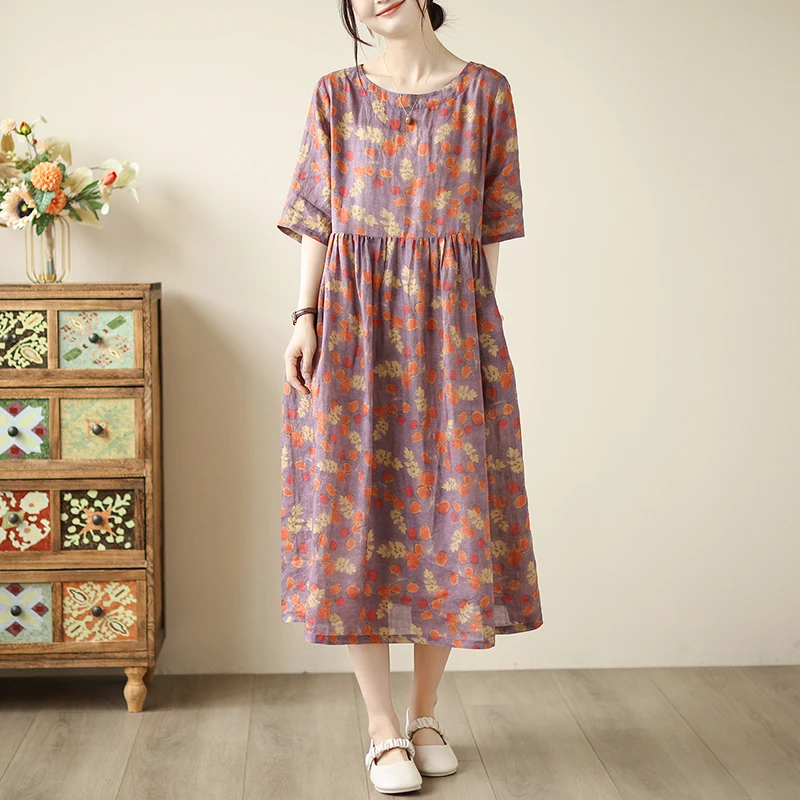 Ele Cotton Linen Midi Dr Summer Thin Floral Print Women's High Waist ort Sve Commute Sle Polyester Fiber