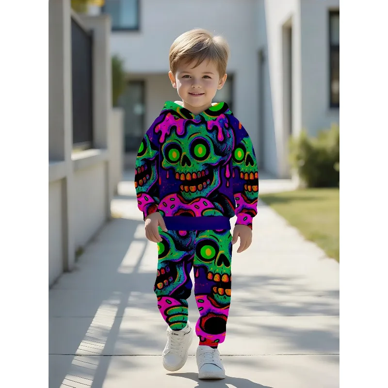 Boys Hoodie Jogger Set: Dripping Neon Skull, Ice Cream Skull, Graffiti Monster Allover Print Kids Casual Tracksuit