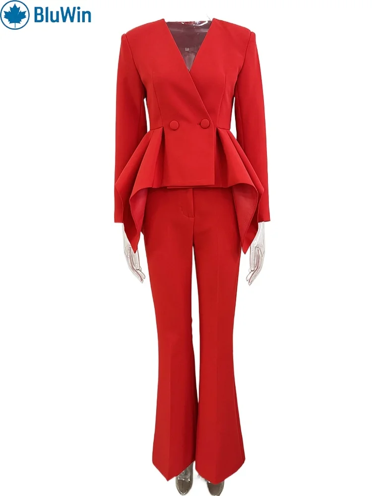 

BluWin Red Peplum Pants Suit Women V Neck Draped Hem Blazer and Flared Trousers Elegant