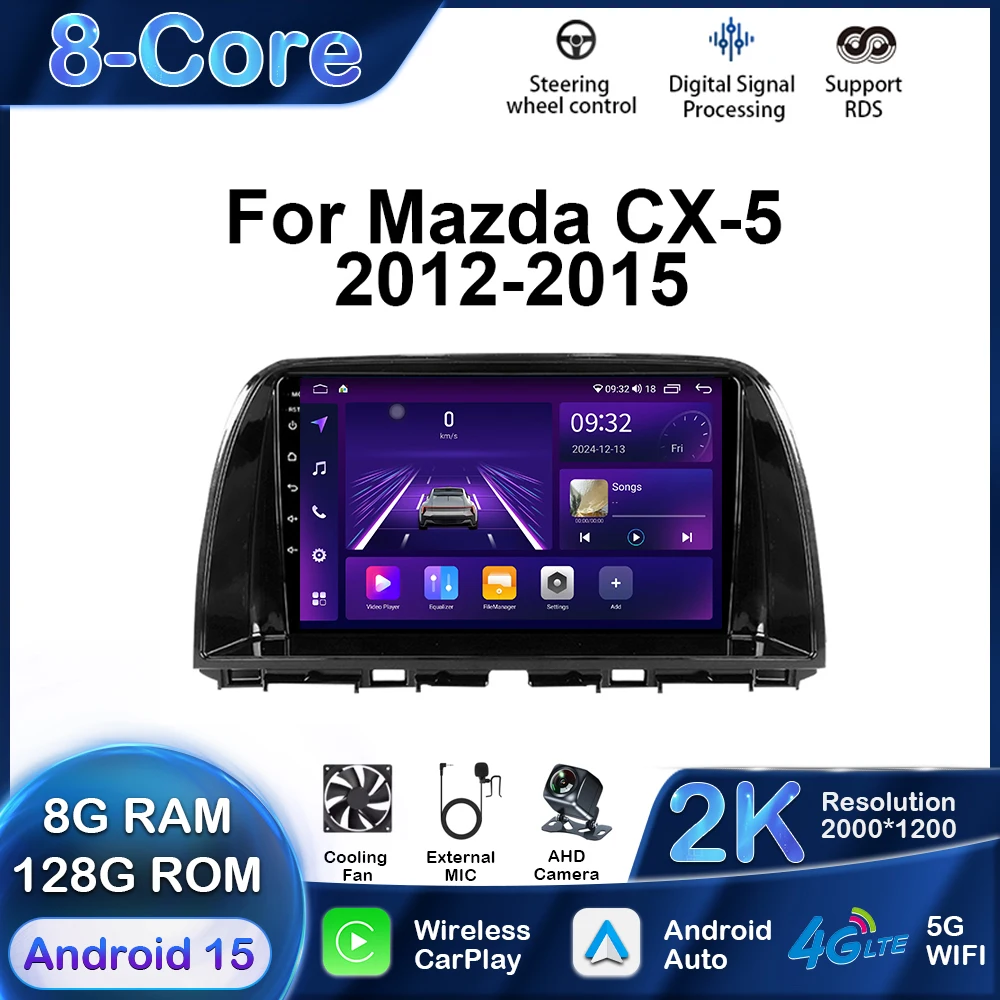 

Автомобильный радиоприемник Carplay для Mazda CX5 CX-5 CX 5 2012-2015 Android 15 Мультимедийный плеер GPS-навигация Авто 4G BT Головное устройство без 2Din DVD