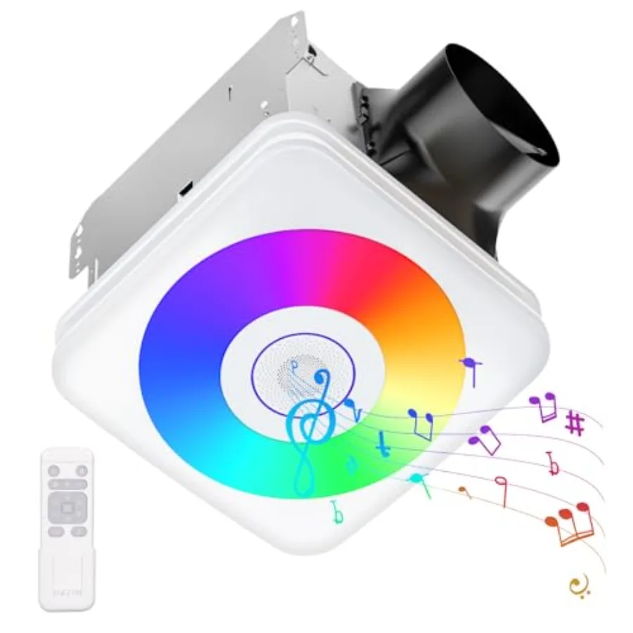 

Вентилятор для ванной 3-в-1 с Bluetooth-колонкой, LED-подсветкой, 110/160 CFM, тихая вентиляция, 1500 лм, регулируемая 2700K-6500K, ночник